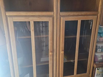 Oak Finish Entertainment Center / Display Cabinet with Glass Doors