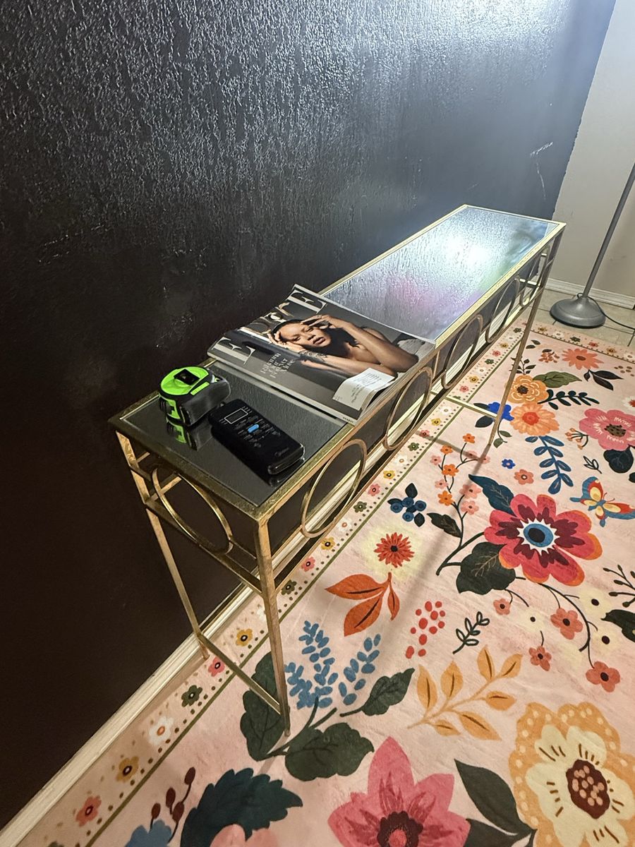 Gold Metal and Glass Console Table with Geometric Ring Design