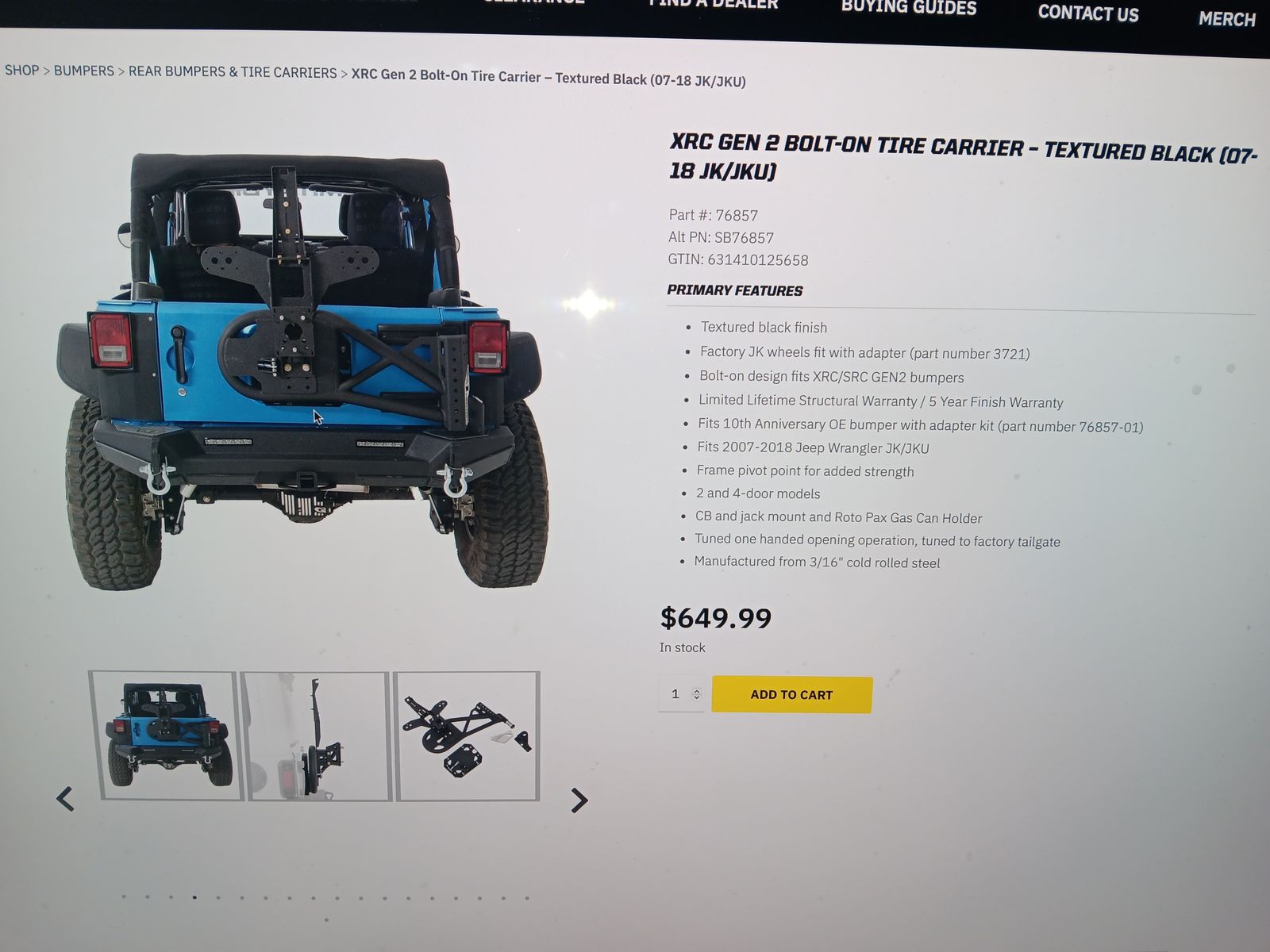 2007-2018 jeep JK wrangler smittybilt XRC Gen2 tire carrier rear bumper