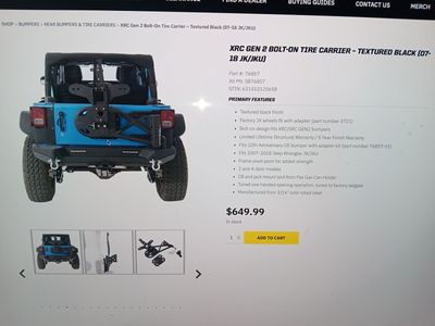 2007-2018 jeep JK wrangler smittybilt XRC Gen2 tire carrier rear bumper