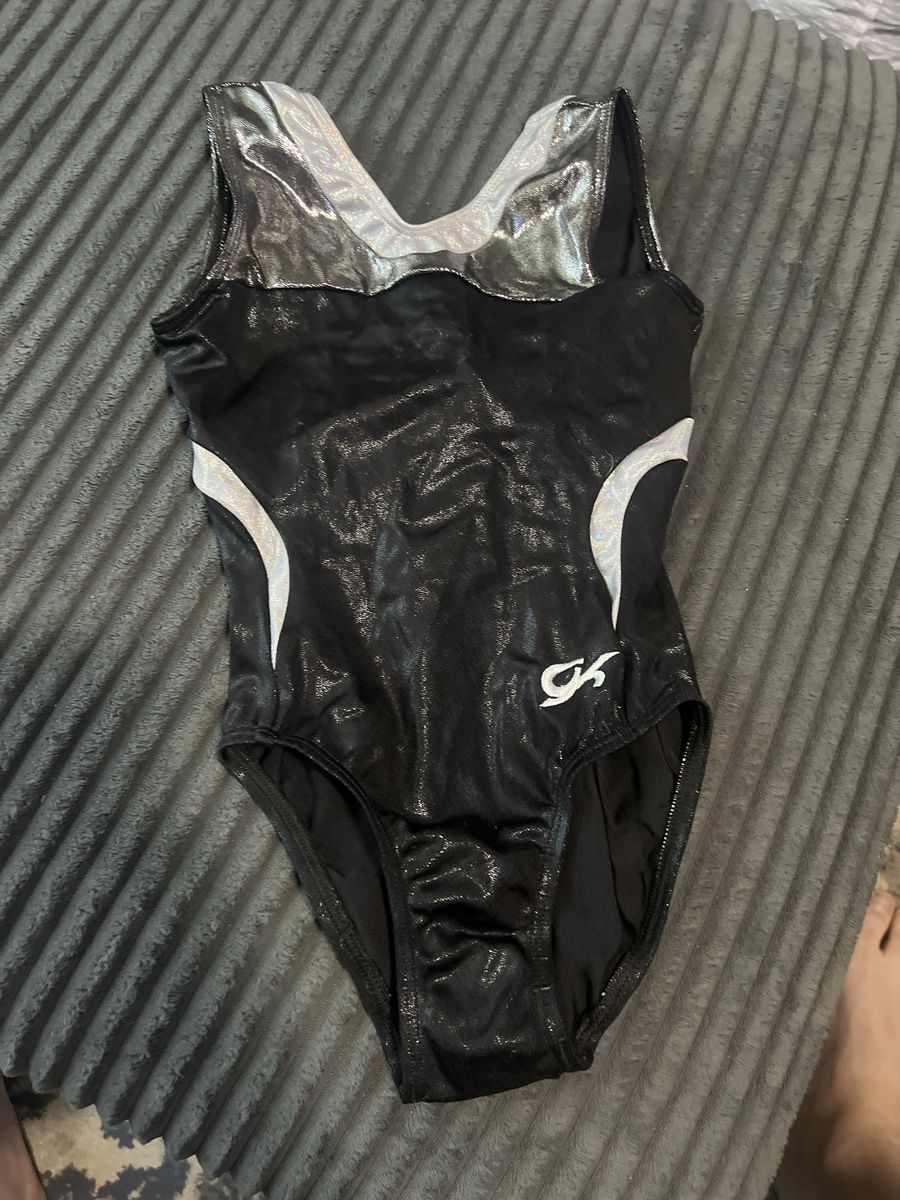 GK Elite Black and Silver Foil Gymnastics Leotard Child Large CL