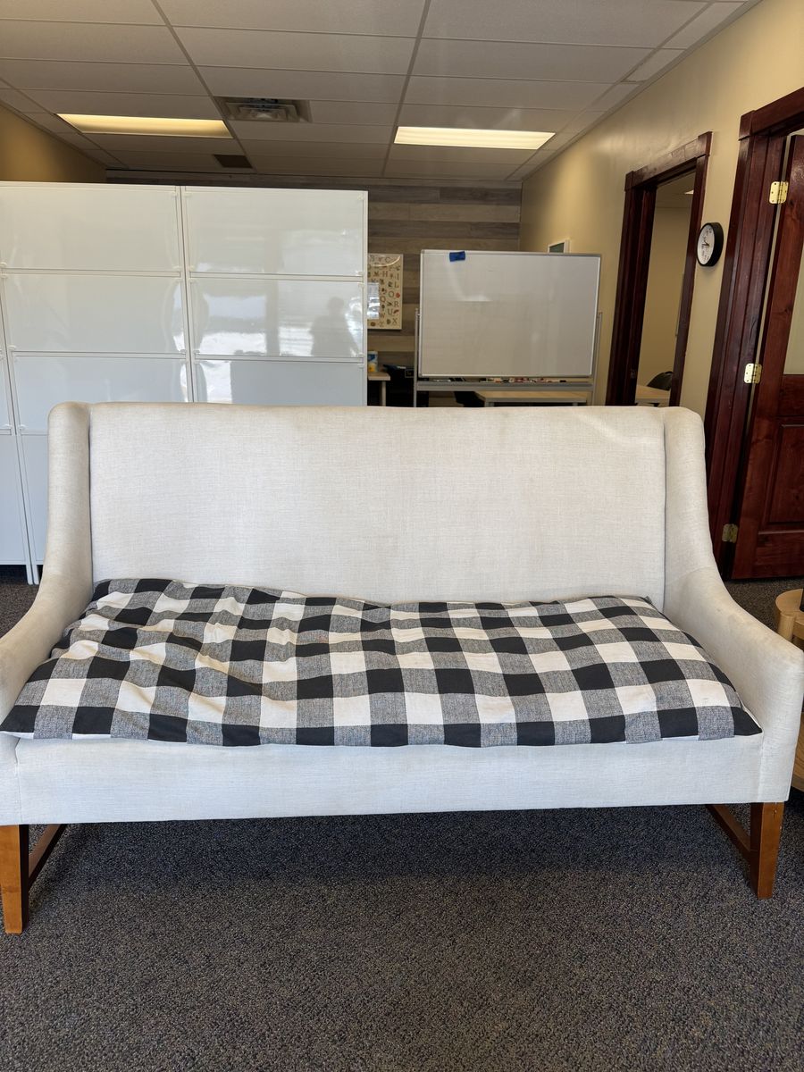 Two Used Beige Sofas with Checkered Cushions