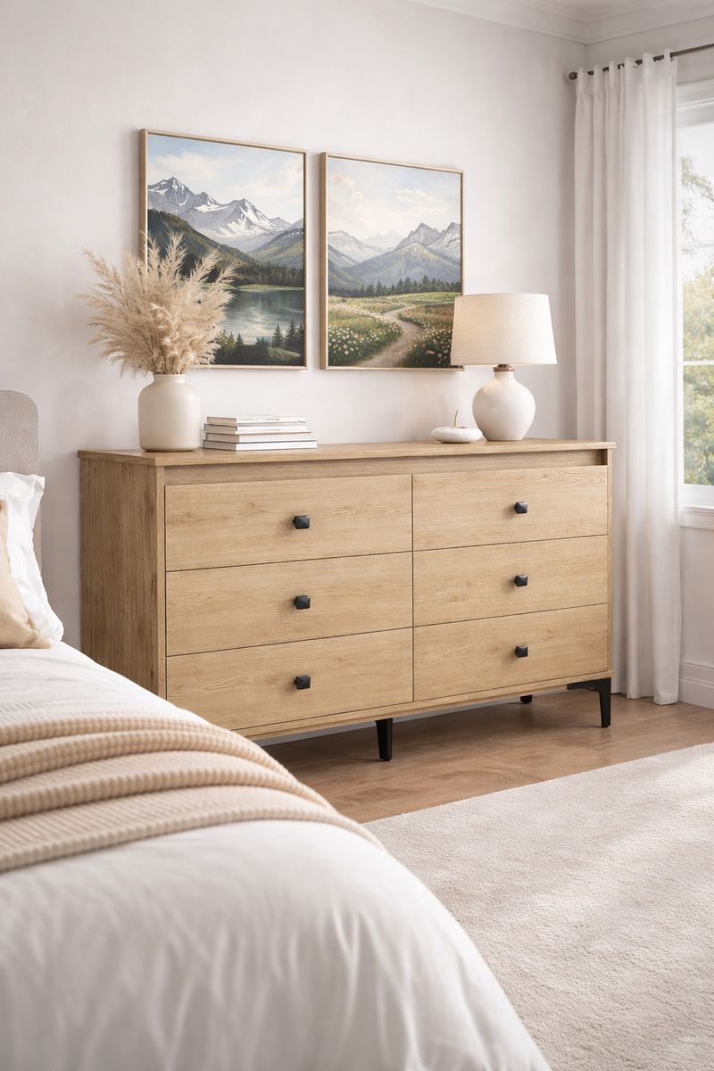 NEW 6-Drawer Dresser Mid-century Light Wood Veneer