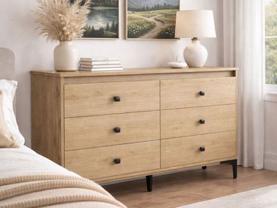 NEW 6-Drawer Dresser Mid-century Light Wood Veneer