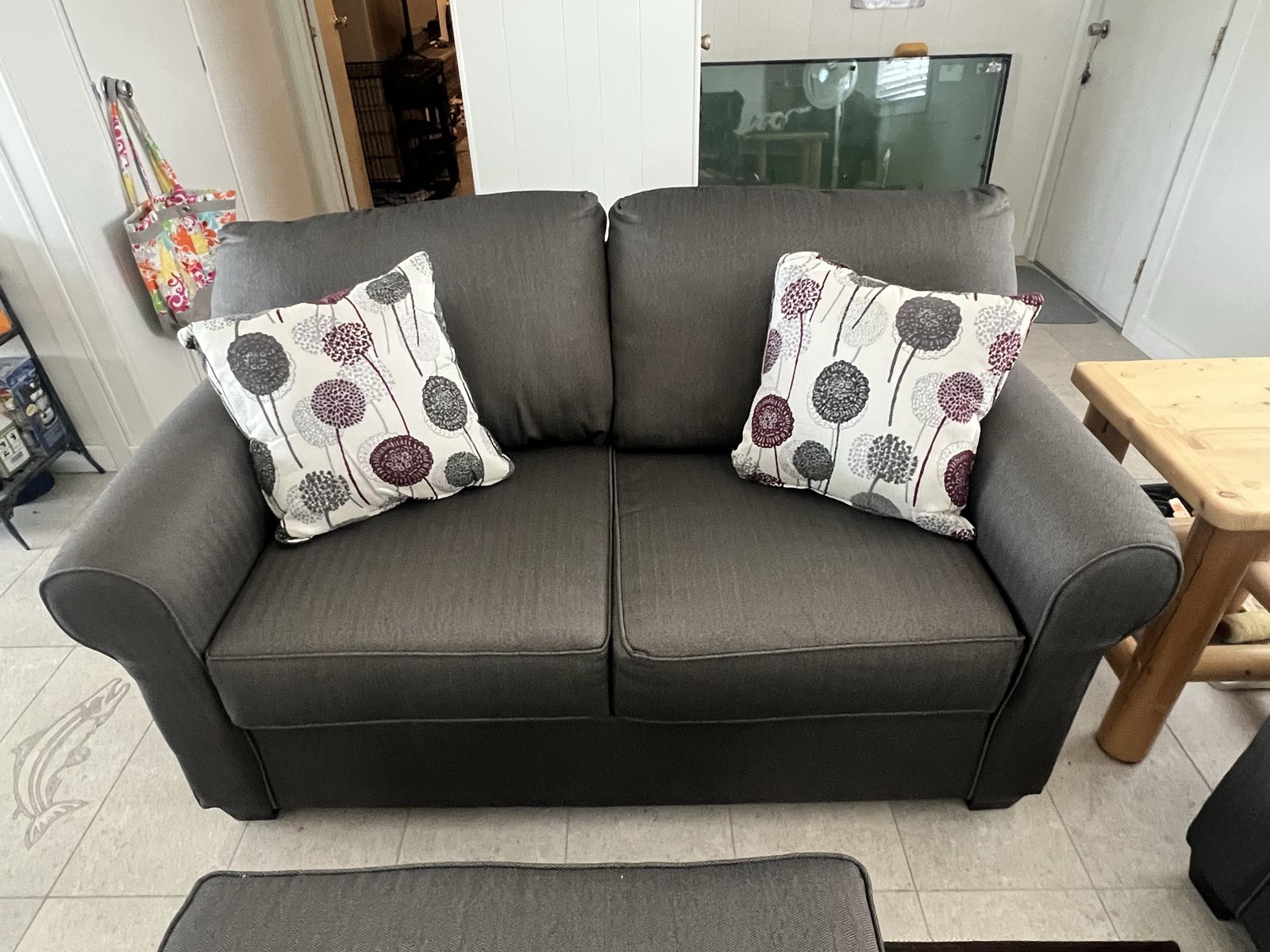 Charcoal Grey Fabric Sofa and Loveseat Set with Ottoman and Decorative Pillows