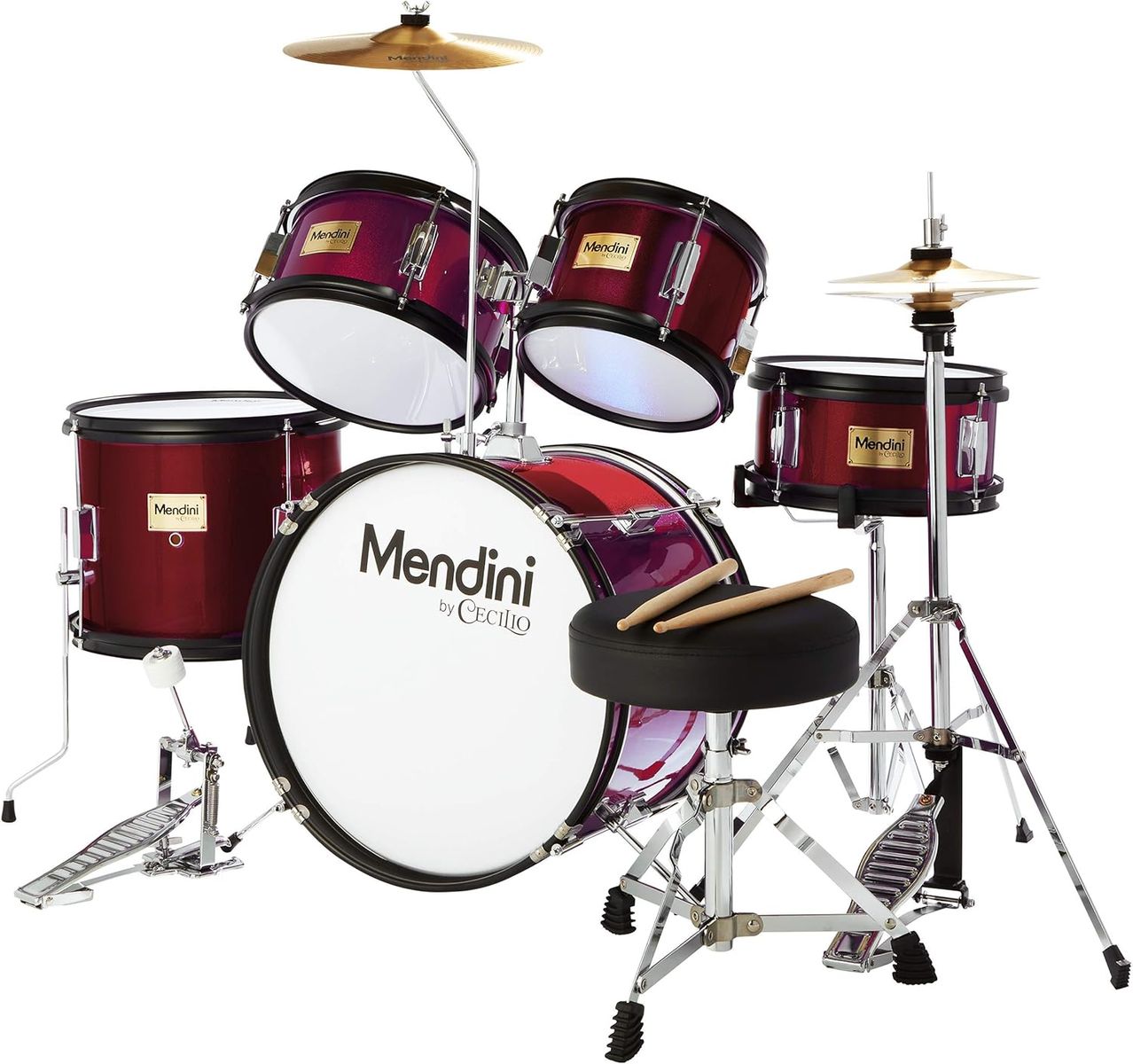 5 Piece 16" Mendini by Cecilio Junior Drum Set w/ Bass, Toms, Snare Drum, Cymbal, Hi-Hat, Drumsticks & Seat