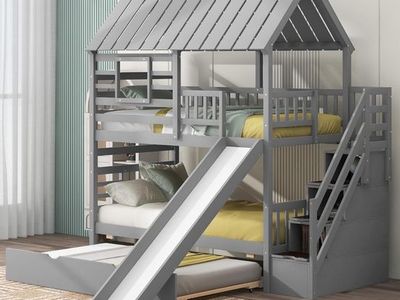 Twin Over Twin House Bunk Bed w/ Storage Stairs, Slide & Trundle