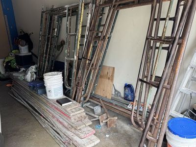 Heavy-Duty Steel Construction Scaffolding Frames, Cross Braces, Planks, and Screw Jacks Set