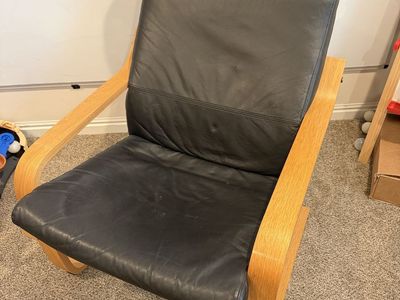 IKEA Poang Chair - Black Leather & Wood Frame Armchair - Good Condition, No Ottoman
