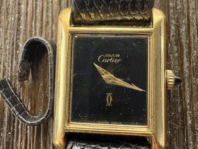 Ladies Vintage Cartier Tank Manual-Wind 21mm Watch Black Dial #W202819-1