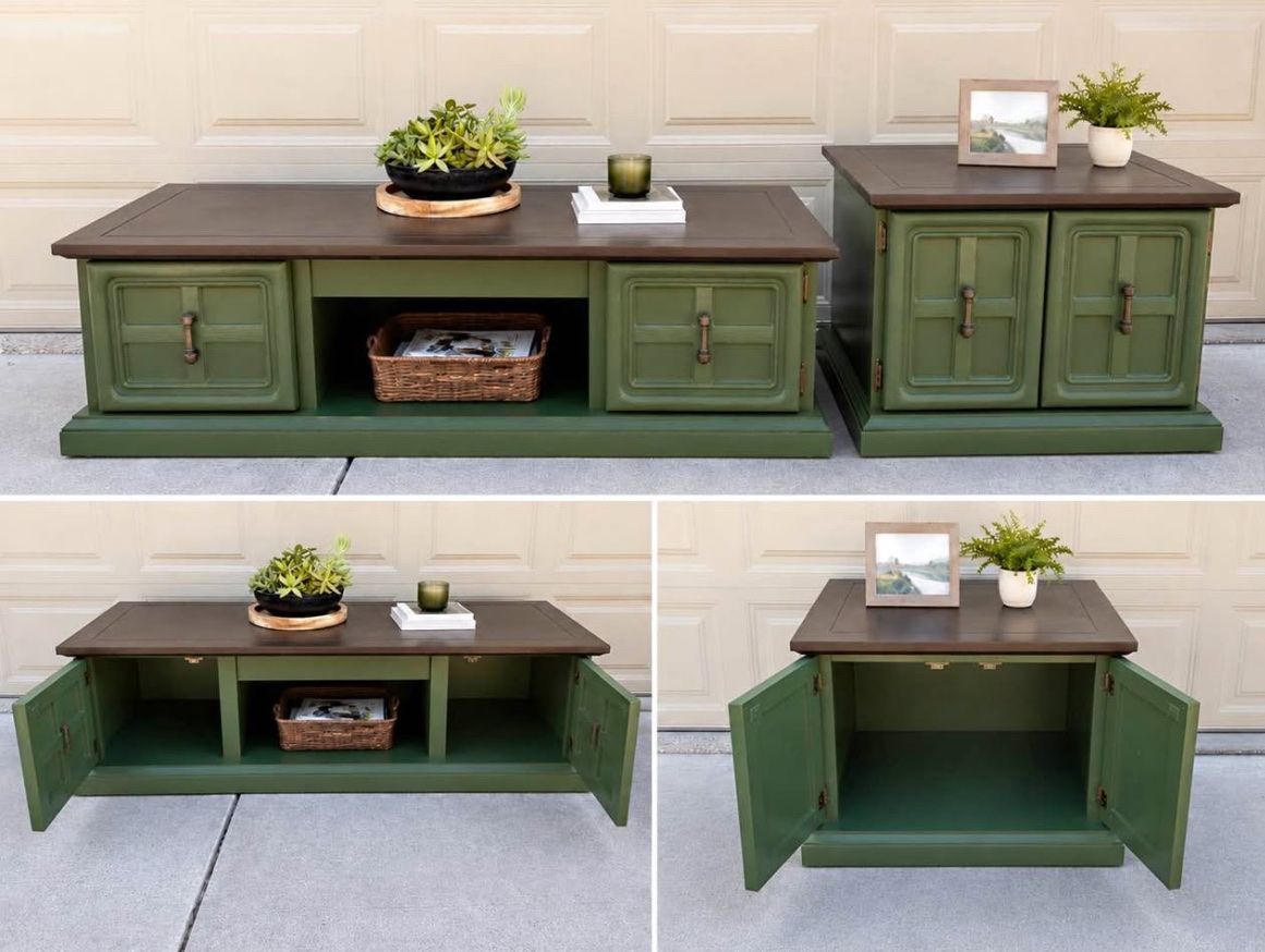 Rustic Green & Brown Wood Storage Cabinets Set, Living Room Sideboard, coffee table.