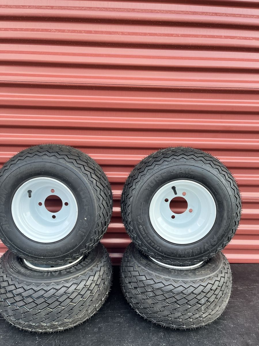New Set of 4 Arisun Turf Sail 18X8.5-8 Golf Cart Tires Mounted on New White Wheels $ 140.00 For Set of 4