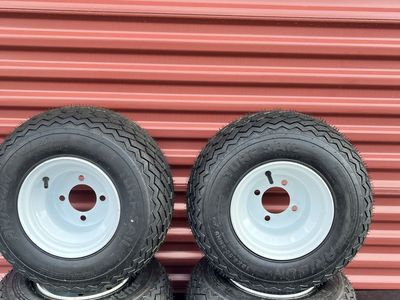 New Set of 4 Arisun Turf Sail 18X8.5-8 Golf Cart Tires Mounted on New White Wheels $ 140.00 For Set of 4