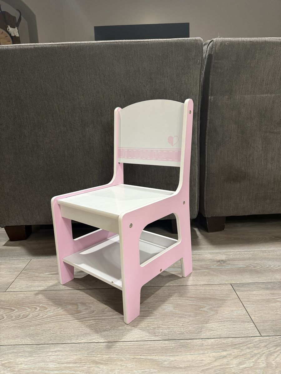 Pink and White Children's Wooden Chair with Storage Shelf