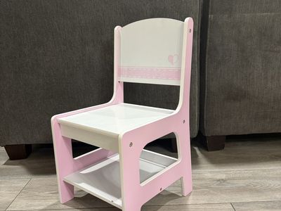 Pink and White Children's Wooden Chair with Storage Shelf