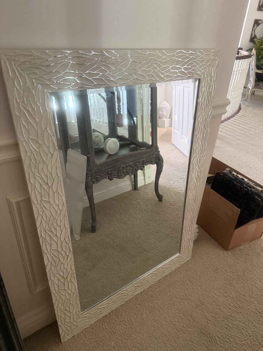 White Rectangular Wall Mirror with Textured Frame