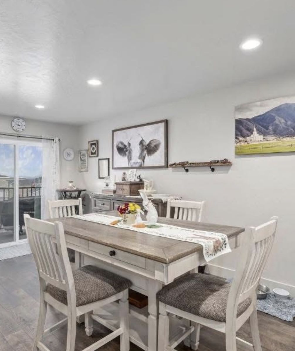 Ashley Furniture Farmhouse Dining Set - Rustic Table (Drawers) & 6 White Slat Back Chairs