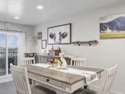 Ashley Furniture Farmhouse Dining Set - Rustic Table (Drawers) & 6 White Slat Back Chairs