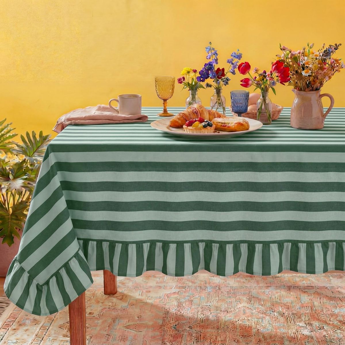 New! Tudomro Striped Tablecloth, Rectangle, Forest, Mint Green, 84'' X 60''