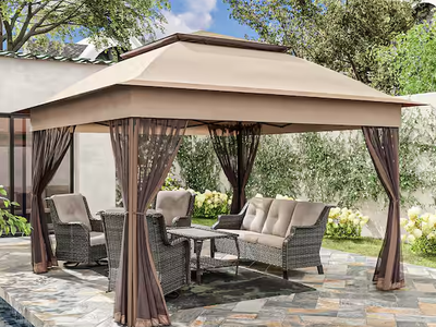 11 ft. x 11 ft. Beige Steel Pop-Up Gazebo with Mosquito Netting