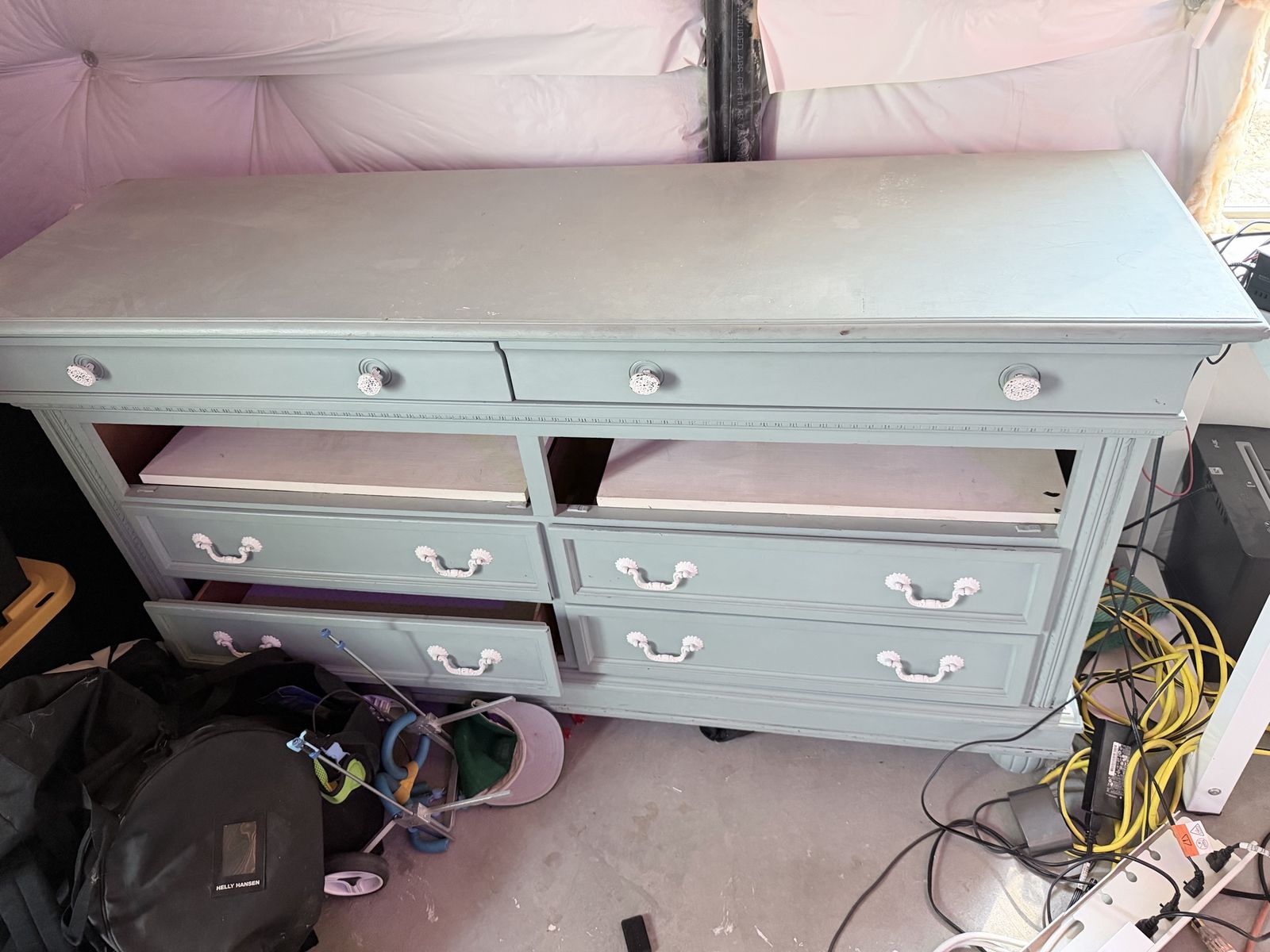 Painted Light Blue Wooden Dresser with White Hardware