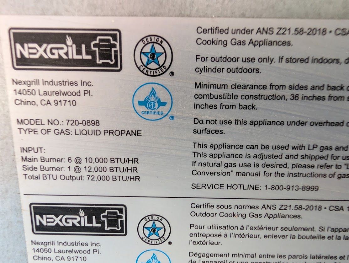 Nexgrill 6-Burner Gas Grill with Side Burner model #720-0898