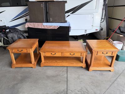 Oak Coffee Table & 2 End Tables - Matching Set with Storage