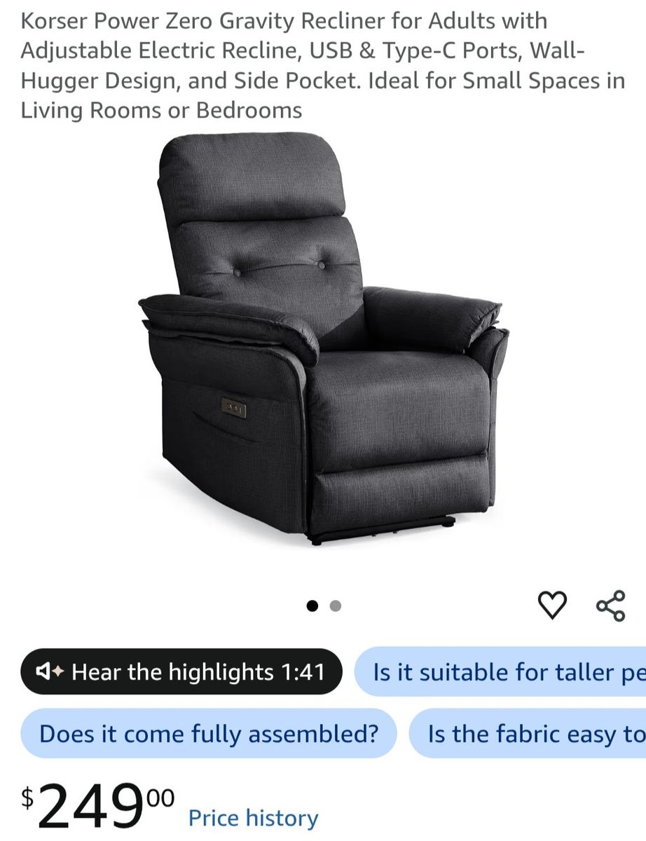 Korser Power Zero Gravity Recliner, Electric Recline, USB & Type-C, Wall-Hugger Design, Side Pocket