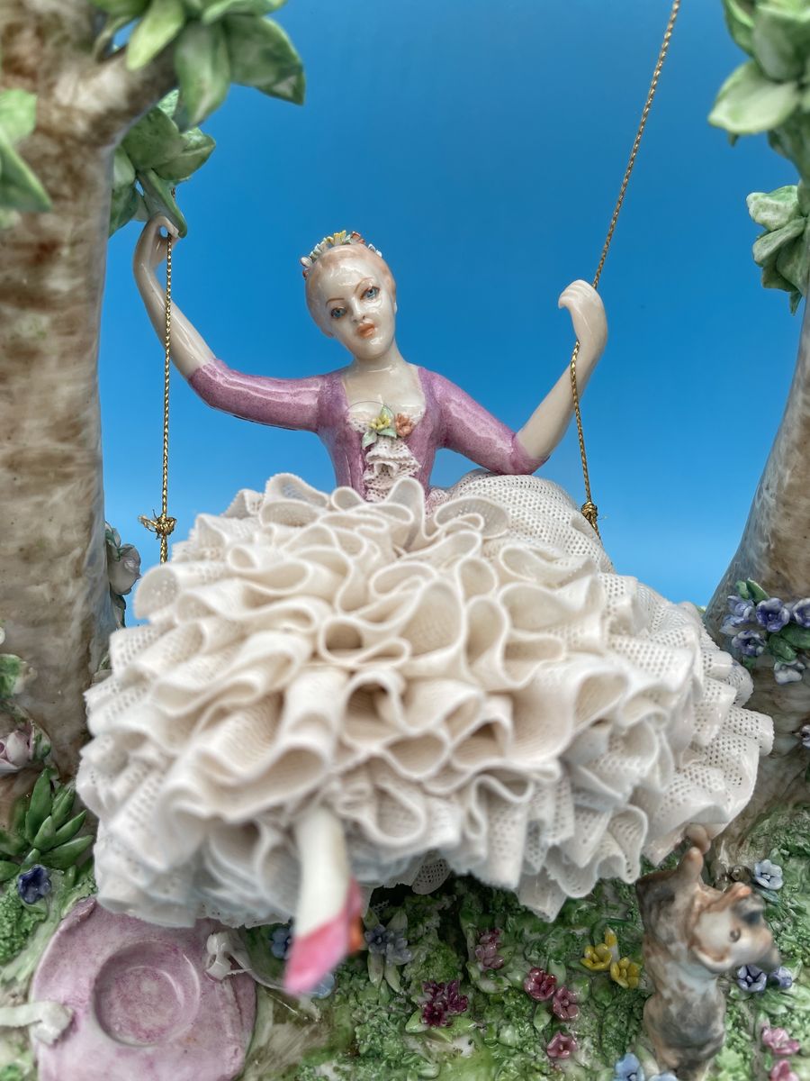 Beautiful Vintage FABRI Porcelain Figurine of a Lady in Lace Dress Swinging in a Tree