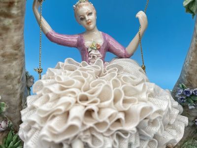 Beautiful Vintage FABRI Porcelain Figurine of a Lady in Lace Dress Swinging in a Tree