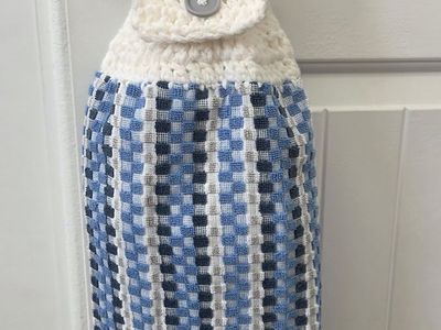 HAND CROCHETED HANGING KITCHEN TOWEL. DOUBLED AND STITCHED.