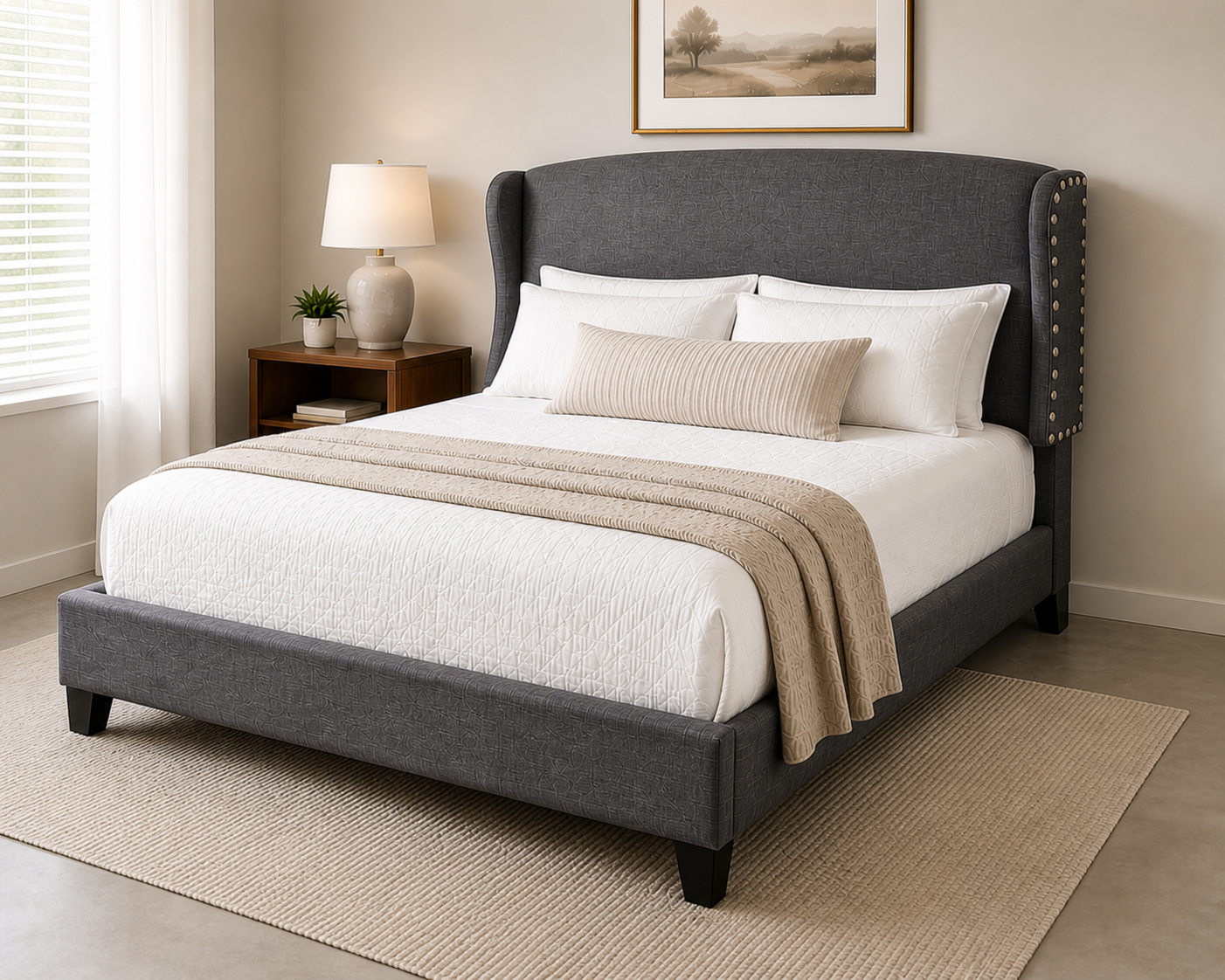 Modern Gray Upholstered Bed Frame w/ Nailhead Trim – Queen