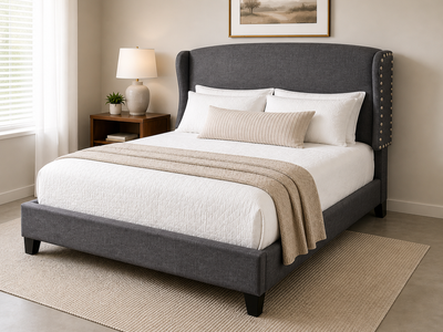 Modern Gray Upholstered Bed Frame w/ Nailhead Trim – Queen