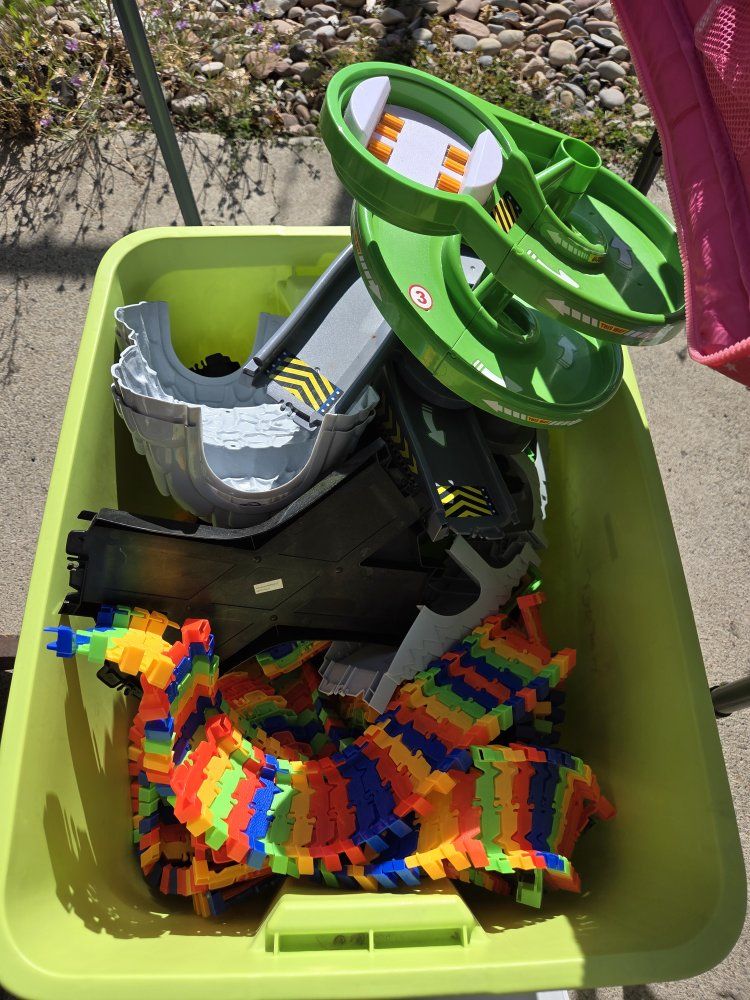 Used Kids' Toy Car Tracks - Flexible, Colorful, with Spiral Ramp & Race Track Pieces (18gal tote included)
