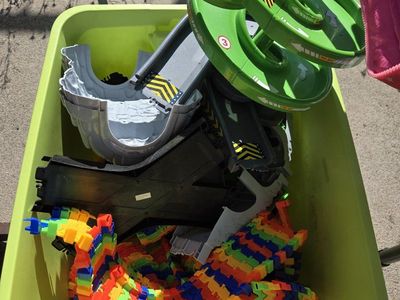 Used Kids' Toy Car Tracks - Flexible, Colorful, with Spiral Ramp & Race Track Pieces (18gal tote included)