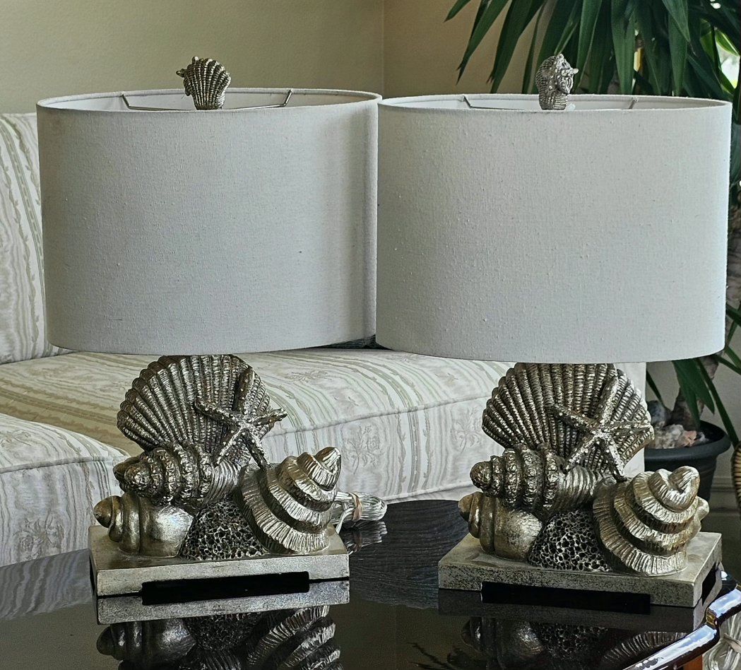 Coastal Shell Theme Table Lamps - Pair - Beach House Decor, Silver Finish, Unique Home Lighting 19"Tx13"W