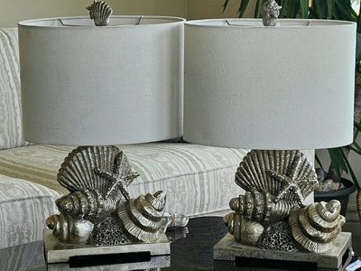 Coastal Shell Theme Table Lamps - Pair - Beach House Decor, Silver Finish, Unique Home Lighting 19"Tx13"W