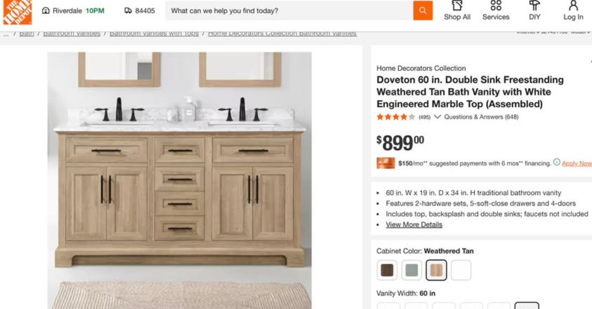 Free nearby delivery Home Decorators Collection Doveton 60in Double Sink Freestanding Vanity
