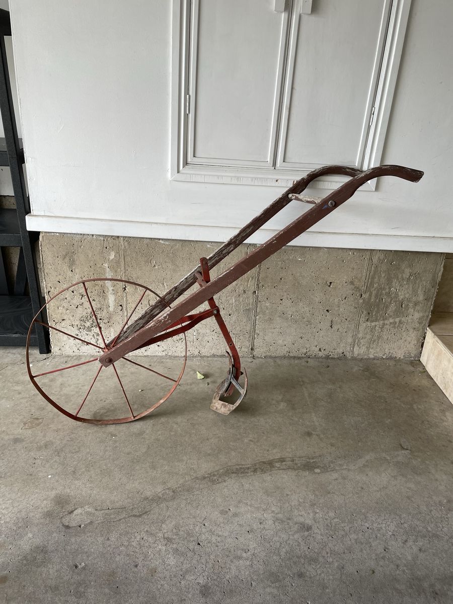 Vintage Push Plow Hand Garden Cultivator with Steel Wheel - Antique Farm Tool Decor