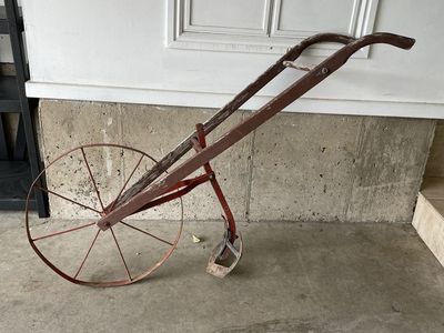 Vintage Push Plow Hand Garden Cultivator with Steel Wheel - Antique Farm Tool Decor