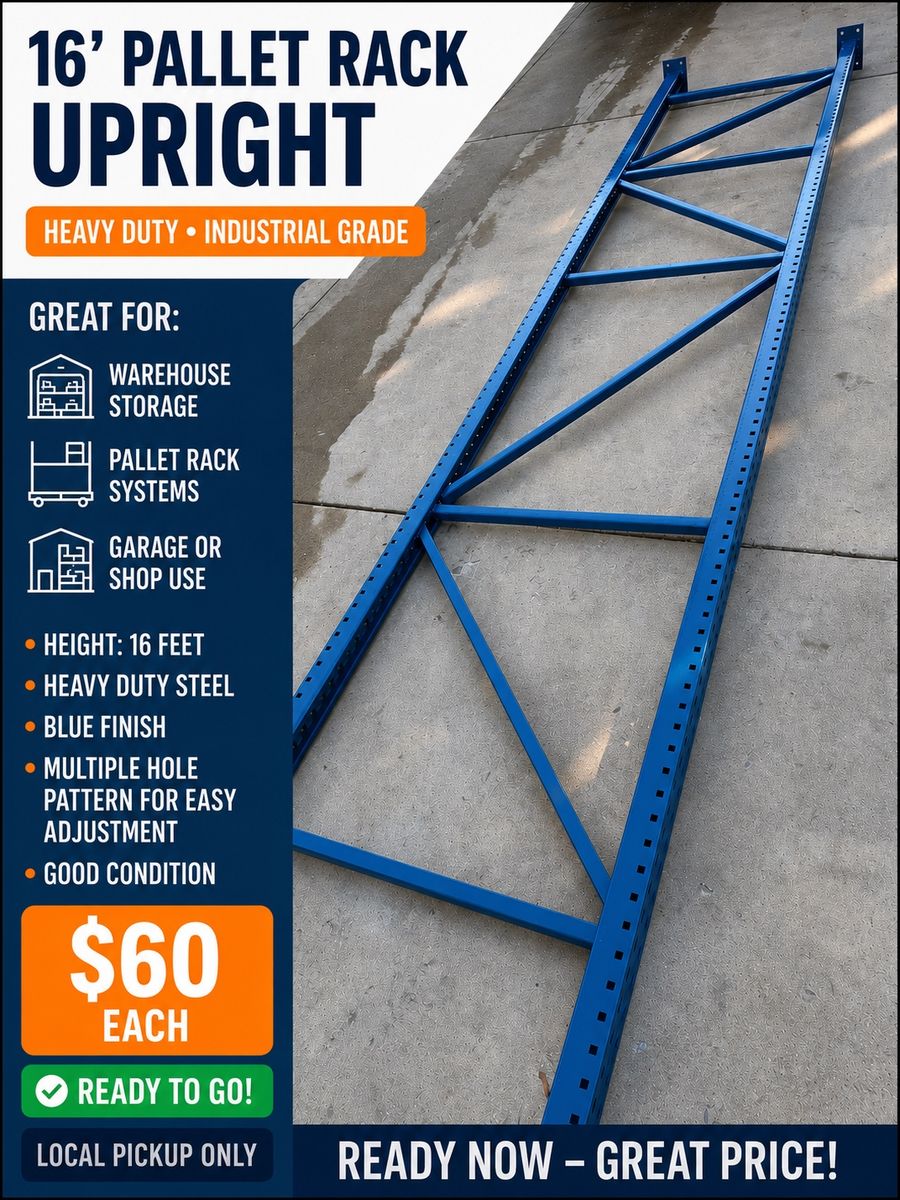 16' Heavy Duty Industrial Grade Blue Pallet Rack Upright - Warehouse Storage & Garage Use