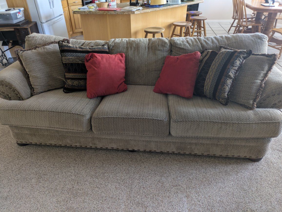 Used Beige Fabric Couch with Accent Pillows - Excellent Condition Sofa