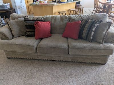 Used Beige Fabric Couch with Accent Pillows - Excellent Condition Sofa