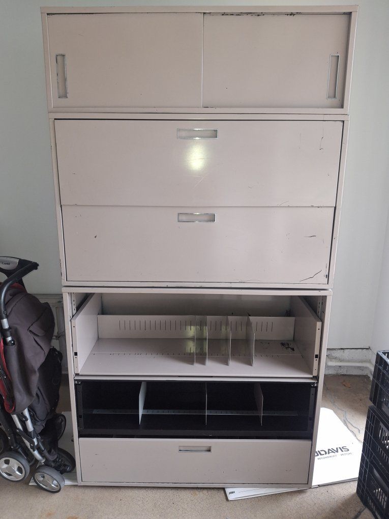 Vintage Metal Filing Cabinet - Multi-Drawer & Sliding Door Storage - Beige