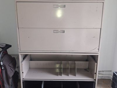 Vintage Metal Filing Cabinet - Multi-Drawer & Sliding Door Storage - Beige