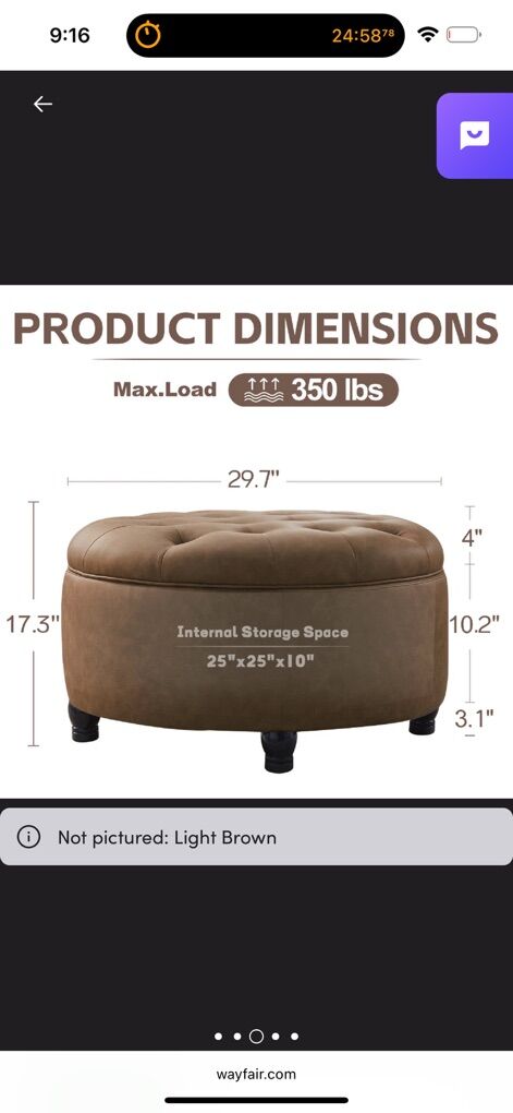 30'W Faux Leather Tufted Round Storage Ottoman