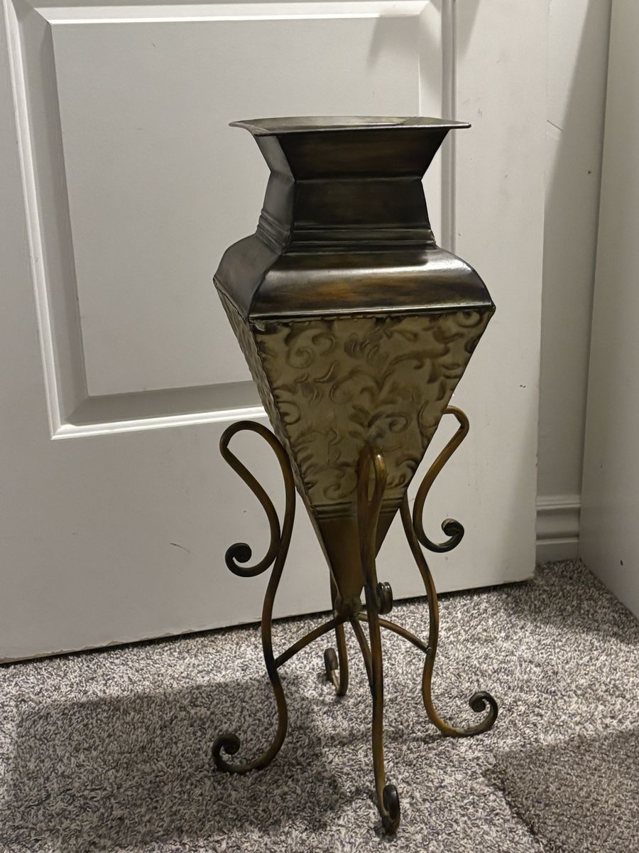 Vintage Bronze Metal Embossed Decorative Vase with Wrought Iron Stand