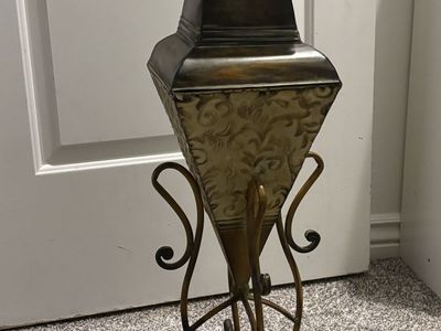 Vintage Bronze Metal Embossed Decorative Vase with Wrought Iron Stand