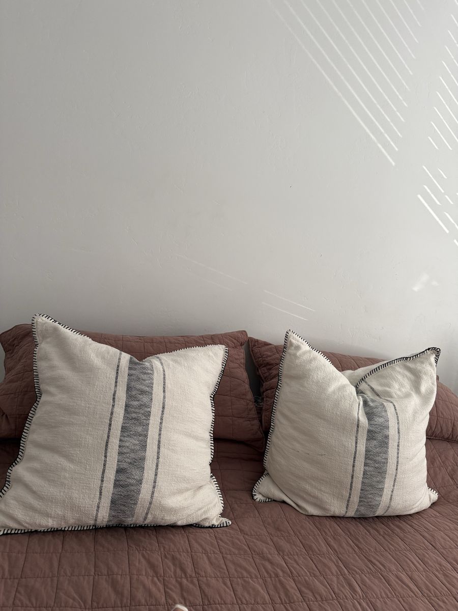 Set of 2 Neutral Striped Throw Pillows - Textured Fabric with Black Stitching