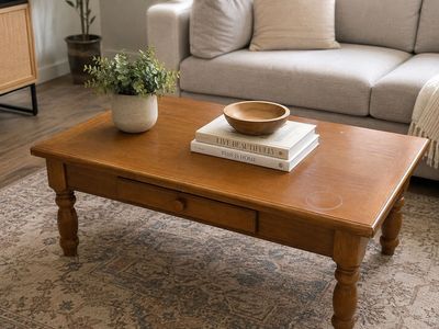 Vintage Wooden Coffee Table with Drawer & Turned Legs
